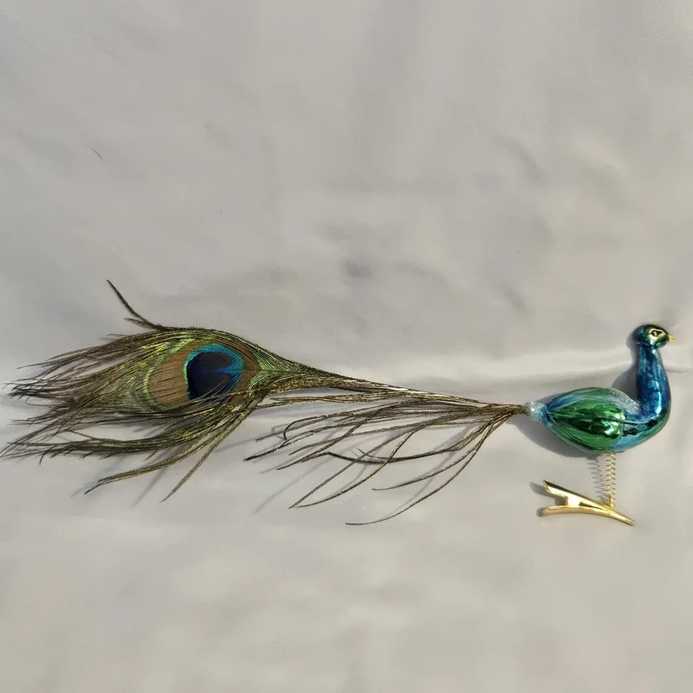 Glass Peacock Clip On Christmas Ornament Real Feather Tail Blue Green Glitter